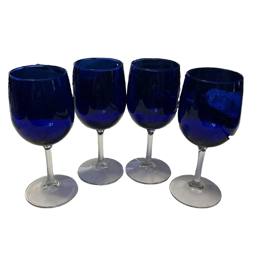 Vintage Cobalt Blue Wine Glasses Set of 4 Clear Stem Goblets Retro Barware